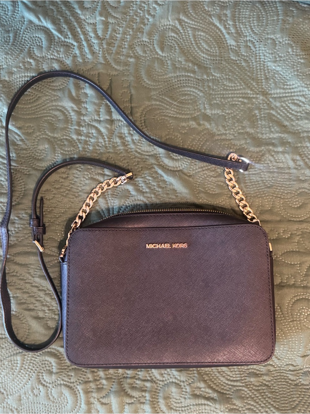 Michael Kors Black Saffiano Leather Camera Crossbody Bag Gold Chain